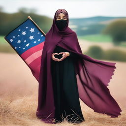 A copper tone woman with purple eyes, covered in a maroon intricate hijab with a face veil, wearing a black long dress