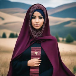 A copper tone woman with purple eyes, covered in a maroon intricate hijab with a face veil, wearing a black long dress