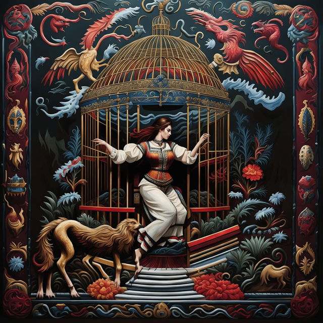 An image symbolizing Romania using a caged theme, featuring elements like the Dacian Draco, Romanian flag, Carpathian Mountains, Danube River, and Transylvanian castles