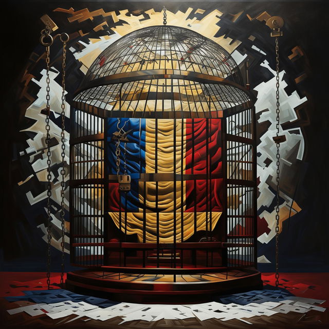 A symbolic image of Romania featuring a large cage with Romanian elements inside, representing confinement