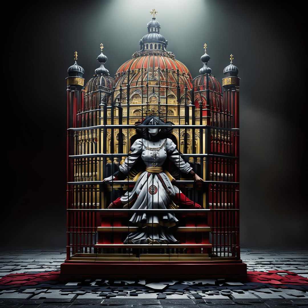 A symbolic image of Romania as a caged entity, featuring Romanian motifs, landmarks, and a representation of the nation inside an ornate cage, with a dark, moody background and subtle details suggesting hope for freedom