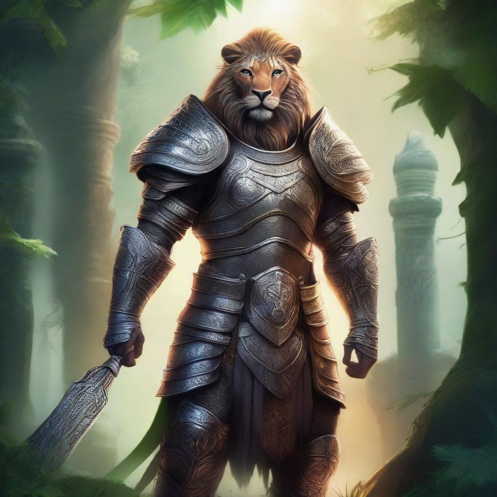 A majestic Leonin warrior standing tall in a fantasy landscape, with a fierce expression and detailed armor