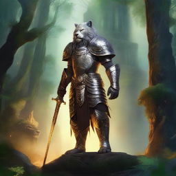 A majestic Leonin warrior standing tall in a fantasy landscape, with a fierce expression and detailed armor