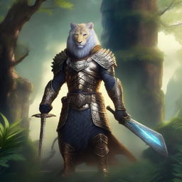 A majestic Leonin warrior standing tall in a fantasy landscape, with a fierce expression and detailed armor