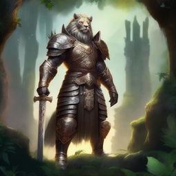 A majestic Leonin warrior standing tall in a fantasy landscape, with a fierce expression and detailed armor