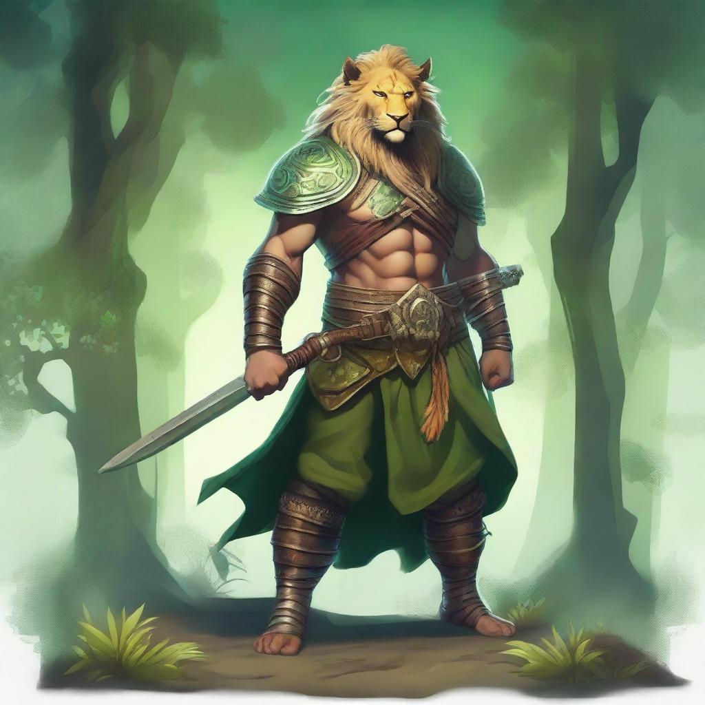 A majestic Leonin warrior with two baldric straps, one on the upper body and one on the lower body, wearing thick green pants made of coarse fabric