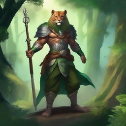 A majestic Leonin warrior with two baldric straps, one on the upper body and one on the lower body, wearing thick green pants made of coarse fabric
