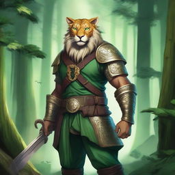 A majestic Leonin warrior with two baldric straps, one on the upper body and one on the lower body, wearing thick green pants made of coarse fabric