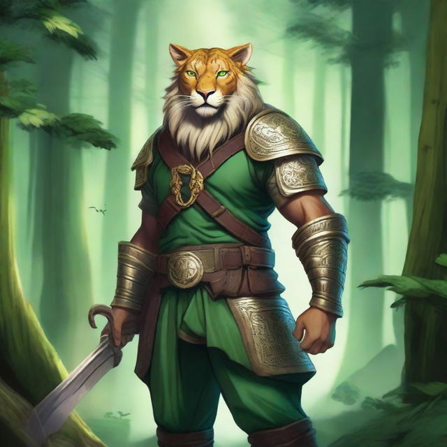 A majestic Leonin warrior with two baldric straps, one on the upper body and one on the lower body, wearing thick green pants made of coarse fabric