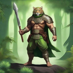 A majestic Leonin warrior with two baldric straps, one on the upper body and one on the lower body, wearing thick green pants made of coarse fabric