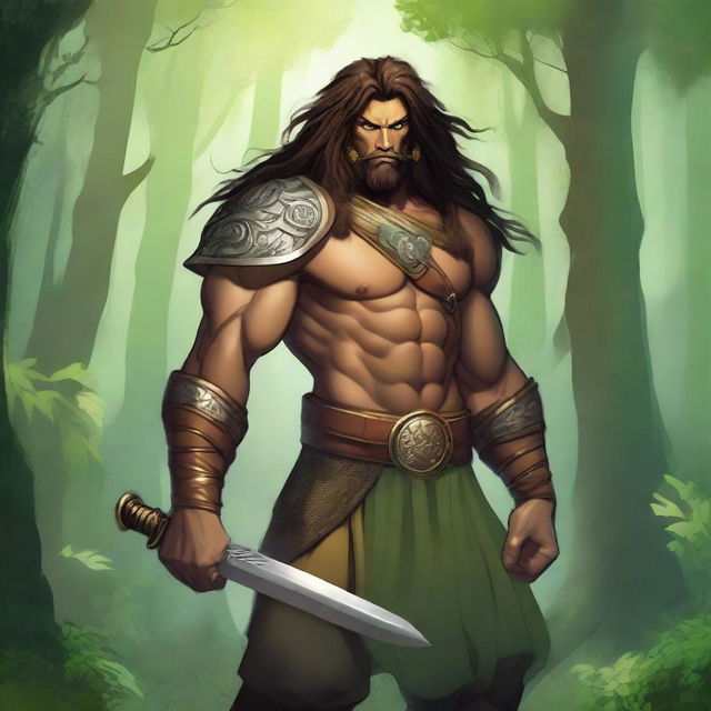 A majestic Leonin warrior with a bare torso, wearing two baldric straps, one on the upper body and one on the lower body