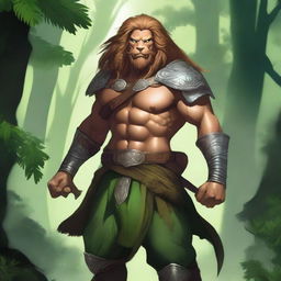 A majestic Leonin warrior with a bare torso, wearing two baldric straps, one on the upper body and one on the lower body