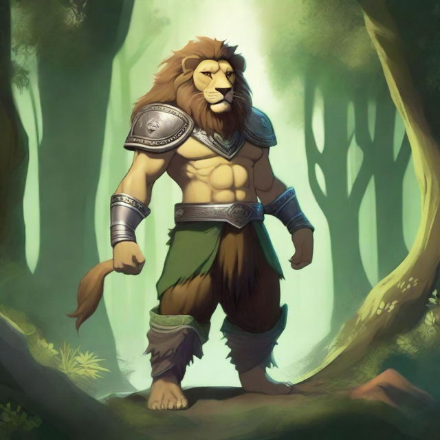 A humanoid lion with a bare torso, wearing two baldric straps, one on the upper body and one on the lower body