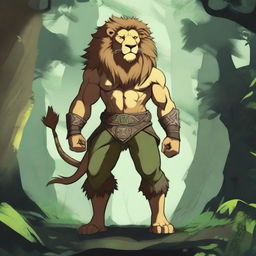 A humanoid lion with a bare torso, wearing two baldric straps, one on the upper body and one on the lower body