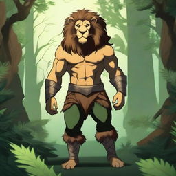 A humanoid lion with a bare torso, wearing two baldric straps, one on the upper body and one on the lower body