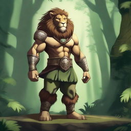 A humanoid lion with a bare torso, wearing two baldric straps, one on the upper body and one on the lower body