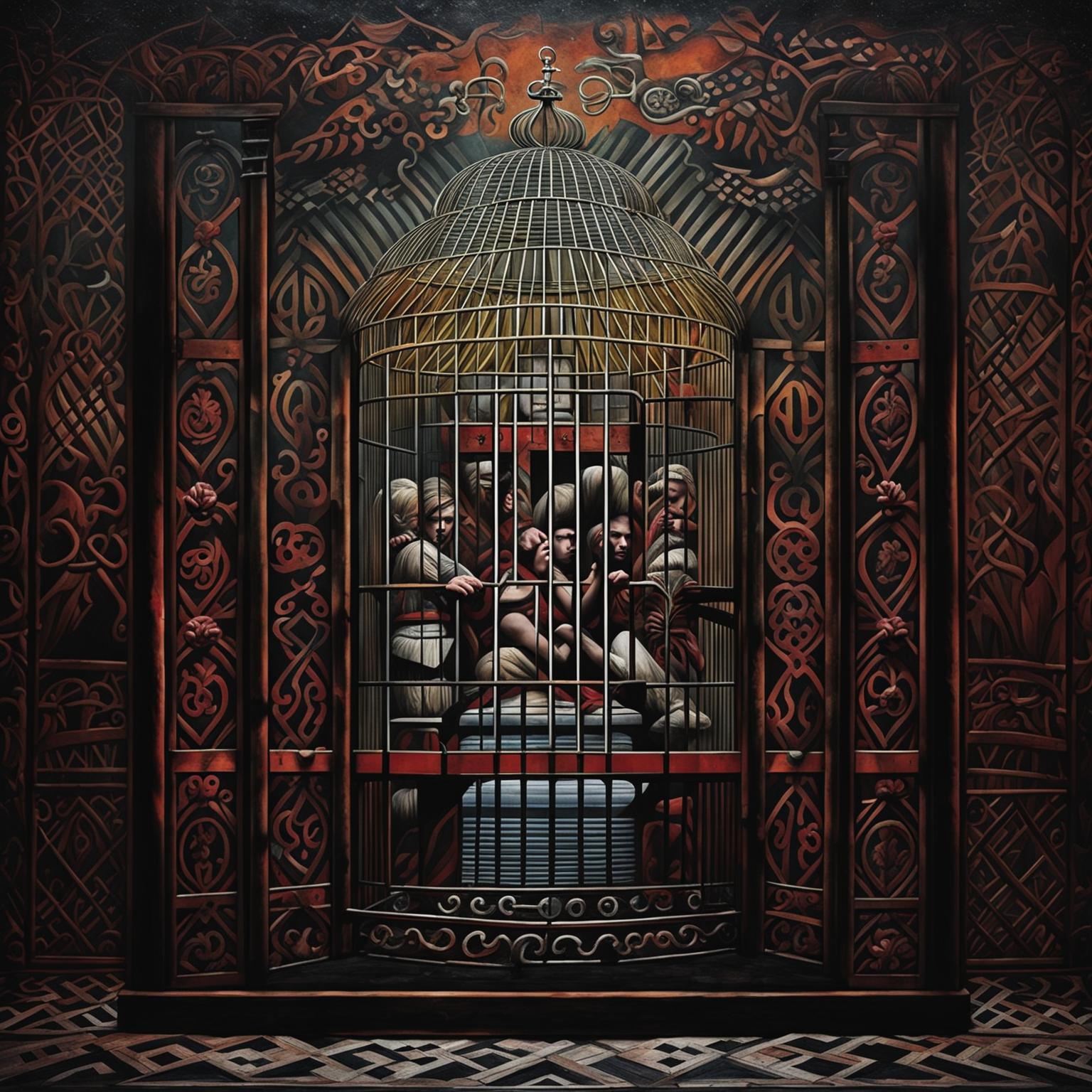 A symbolic image of being caged in Romania, featuring an intricately designed cage, Romanian cultural elements, and a dark, moody background to evoke themes of confinement and oppression
