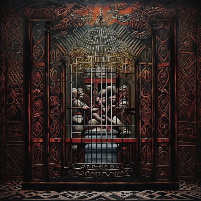 A symbolic image of being caged in Romania, featuring an intricately designed cage, Romanian cultural elements, and a dark, moody background to evoke themes of confinement and oppression