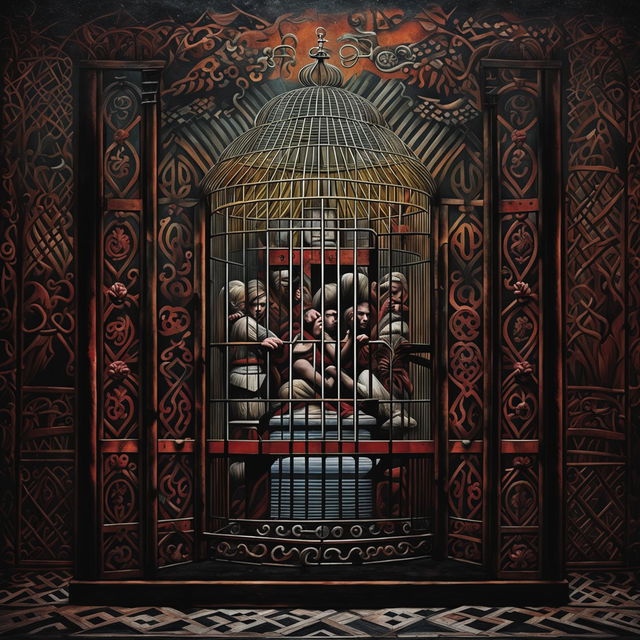 A symbolic image of being caged in Romania, featuring an intricately designed cage, Romanian cultural elements, and a dark, moody background to evoke themes of confinement and oppression