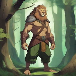 A Leonin character with a bare torso, wearing two baldric straps, one on the upper body and one on the lower body