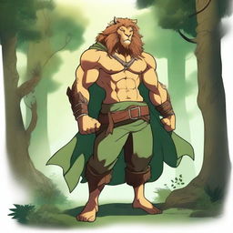 A Leonin character with a bare torso, wearing two baldric straps, one on the upper body and one on the lower body