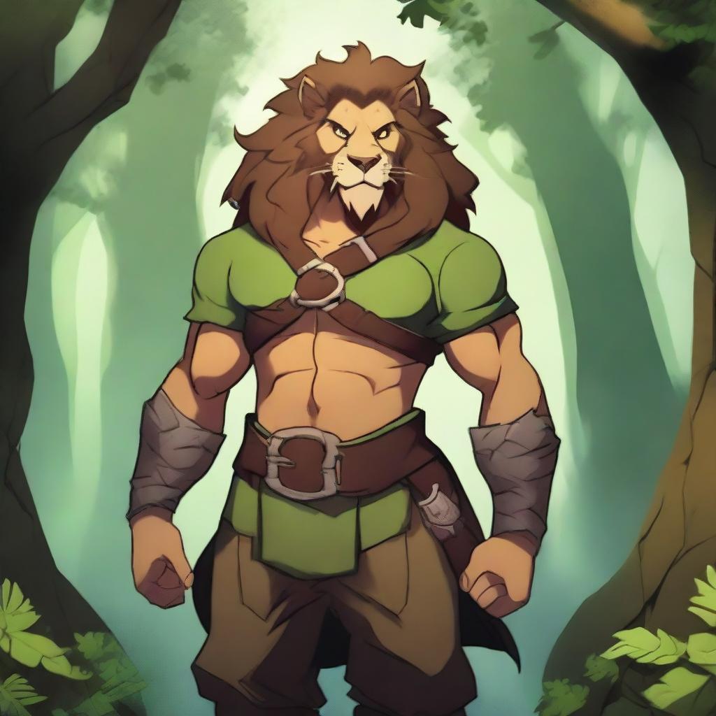 A Leonin character with a bare torso, wearing two baldric straps, one on the upper body and one on the lower body