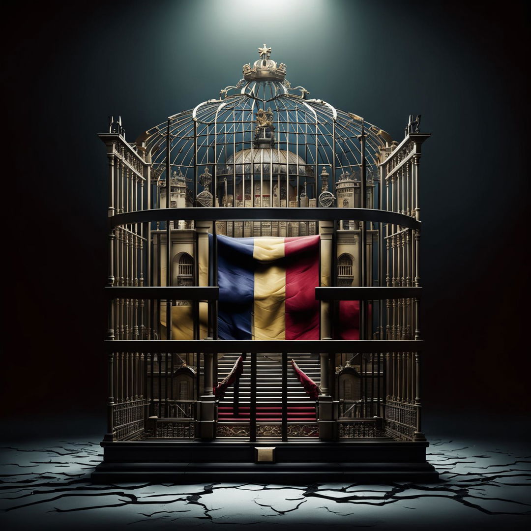 A symbolic image of Romania being caged, featuring an ornate cage with Romanian symbols and landmarks, set against a dark, somber background with subtle hints of hope and freedom