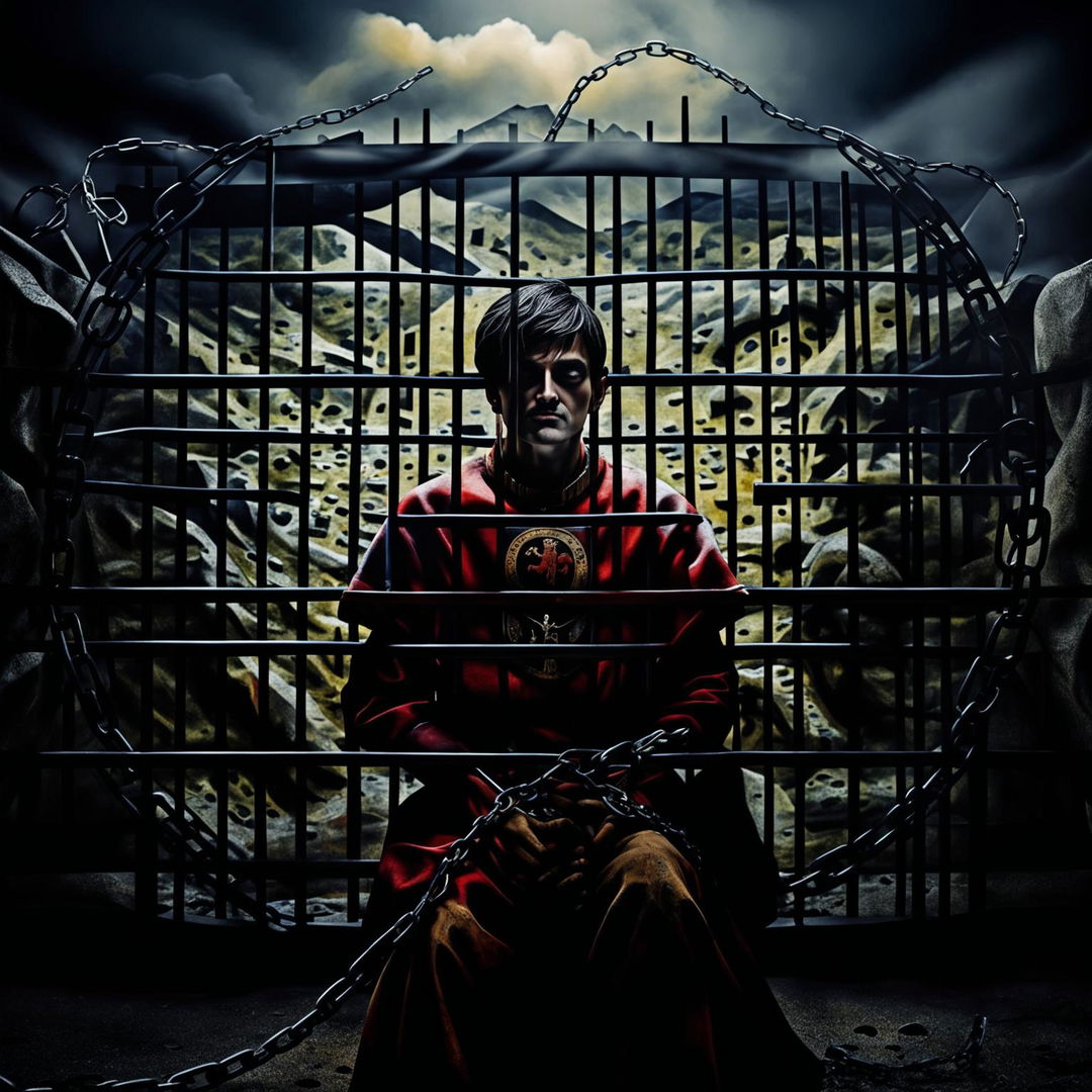 A symbolic image representing the feeling of being caged in Romania, featuring a trapped figure within a cage made of chains or barbed wire, surrounded by Romanian cultural symbols and elements of both oppression and resilience