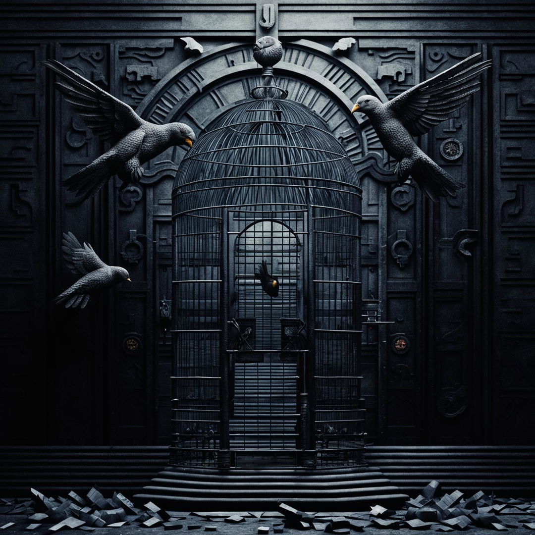 An evocative image symbolizing the feeling of being caged in Romania, featuring a large cage, symbolic elements of Romanian life, and motifs suggesting a struggle for freedom, all in a muted color palette