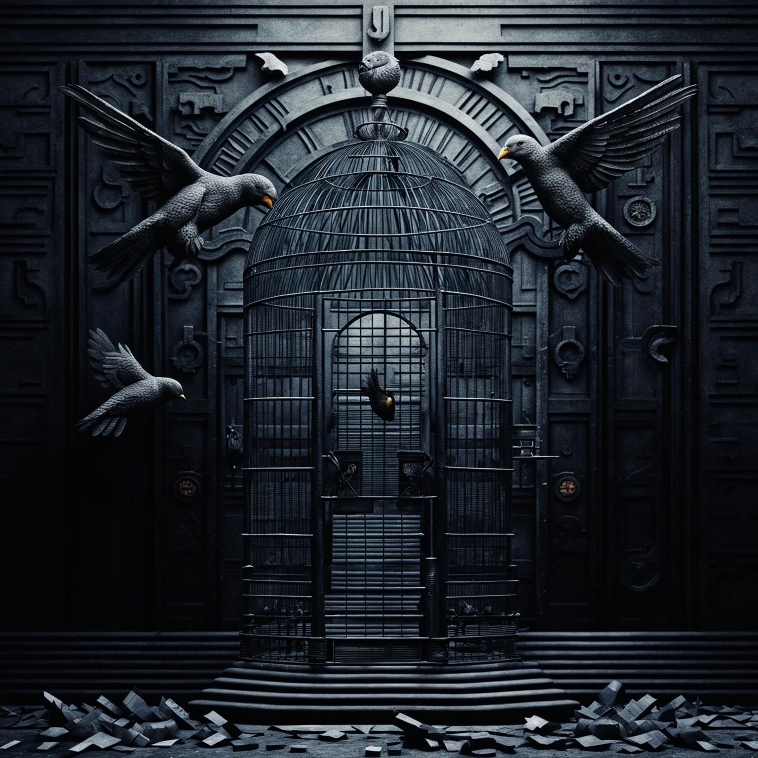 An evocative image symbolizing the feeling of being caged in Romania, featuring a large cage, symbolic elements of Romanian life, and motifs suggesting a struggle for freedom, all in a muted color palette