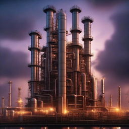 A fantasy book cover for petroleum refining engineering plants, featuring a majestic refinery plant with towering distillation columns and intricate pipework