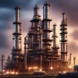 A fantasy book cover for petroleum refining engineering plants, featuring a majestic refinery plant with towering distillation columns and intricate pipework