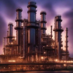 A fantasy book cover for petroleum refining engineering plants, featuring a majestic refinery plant with towering distillation columns and intricate pipework