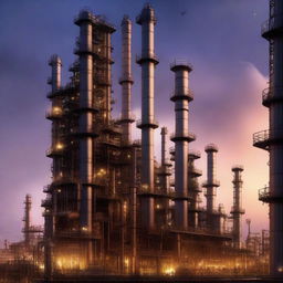 A fantasy book cover for petroleum refining engineering plants, featuring a majestic refinery plant with towering distillation columns and intricate pipework