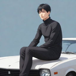 Full body illustration of an anime style male character with short black hair and visible abs through his turtleneck shirt, sitting on top of a car.