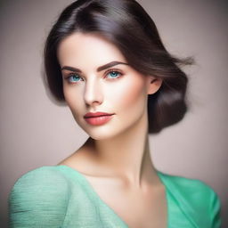 A beautiful brunette girl with semi-green eyes and a pointed nose, portrayed in an elegant and tasteful manner