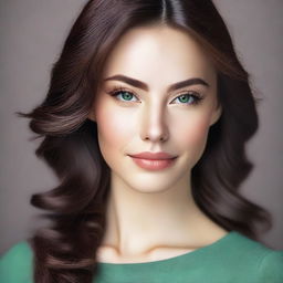 A beautiful brunette girl with semi-green eyes and a pointed nose, portrayed in an elegant and tasteful manner