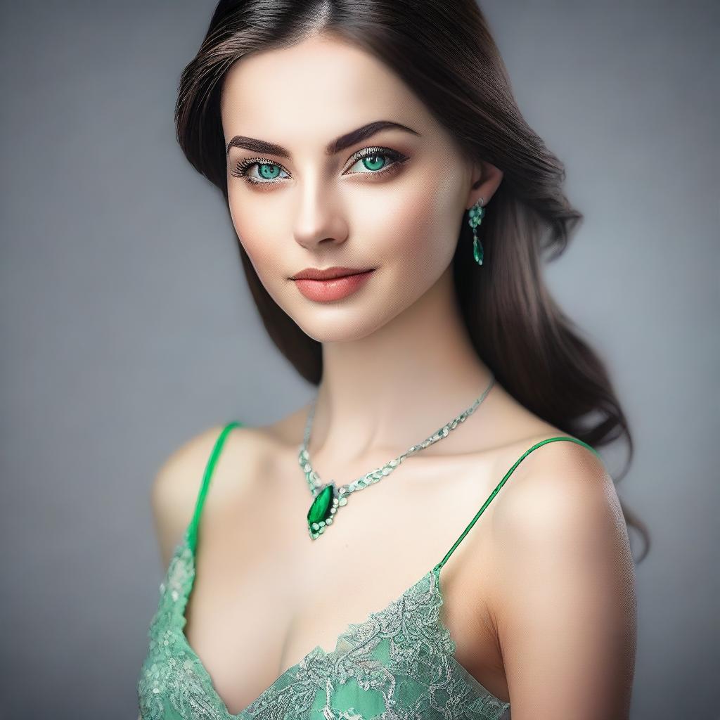 A beautiful brunette girl with semi-green eyes and a pointed nose, portrayed in an elegant and tasteful manner