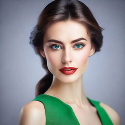 A beautiful brunette girl with semi-green eyes and a pointed nose, portrayed in an elegant and tasteful manner