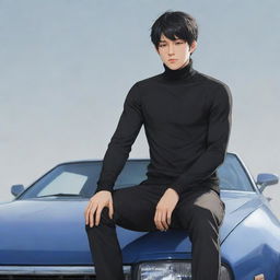 Full body illustration of an anime style male character with short black hair and visible abs through his turtleneck shirt, sitting on top of a car.