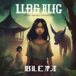 A book cover for a novel titled 'Bleg-Bleg Thing' featuring a background with a genderuwo (a mythical Indonesian creature) and a young girl