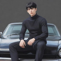 Full body illustration of an anime style male character with short black hair and visible abs through his turtleneck shirt, sitting on top of a car.