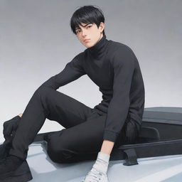 Full body illustration of an anime style male character with short black hair and visible abs through his turtleneck shirt, sitting on top of a car.