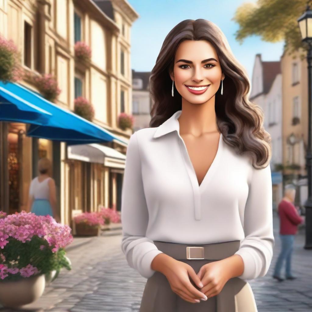 A beautiful woman standing in the middle of a charming town square