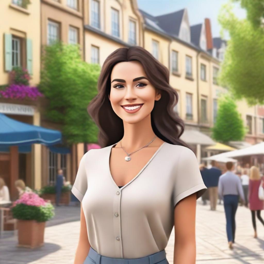 A beautiful woman standing in the middle of a charming town square