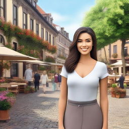 A beautiful woman standing in the middle of a charming town square