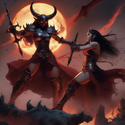 A fierce battle scene featuring a devil clashing with a beautiful demon huntress