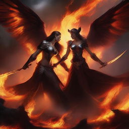 An intense battle scene featuring Lucifer fighting with a beautiful demon huntress amidst roaring flames