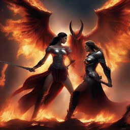 A dramatic scene of Lucifer battling a beautiful huntress amidst raging flames