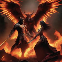 A dramatic scene of Lucifer battling a beautiful huntress amidst raging flames